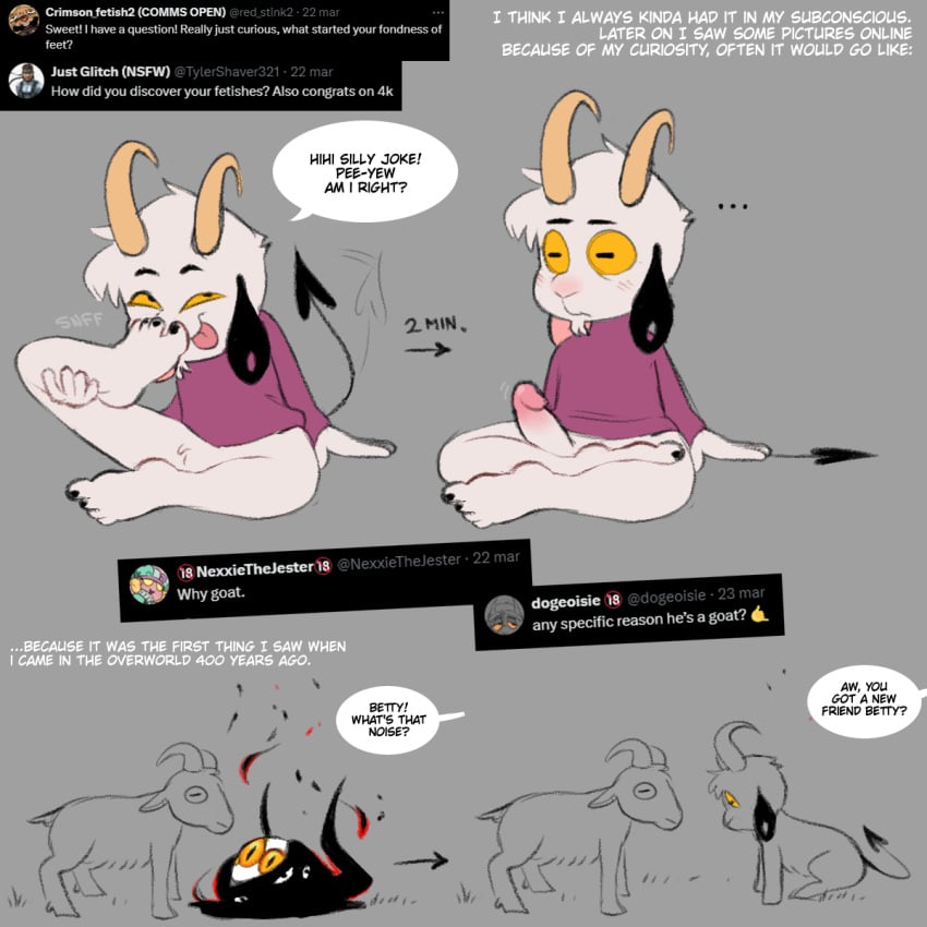 1:1 2024 5_toes blush bovid caprine caprine_demon demon english_text erection feet foot_fetish foot_sniffing fur furby_(twistedfurby) goat goat_demon hi_res horizontal_pupils humanoid_feet male mammal musk plantigrade pupils q&a smelly smelly_feet sniffing sniffing_self tail tail_motion tailwag text toes twistedfurby white_body white_fur