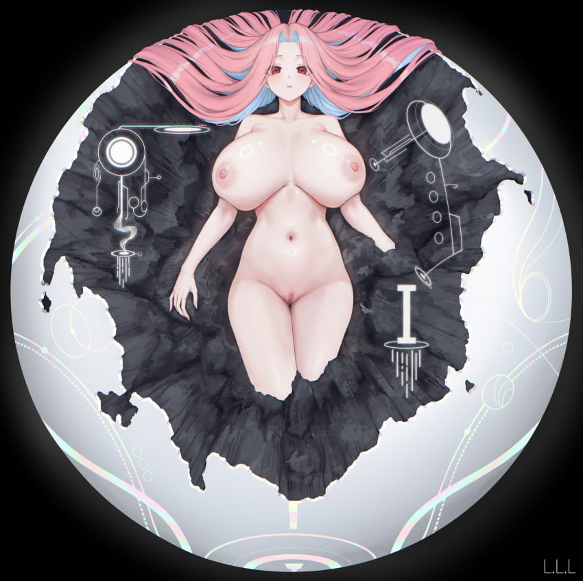 absurdres aqua_eyes breasts breasts_apart censored commentary_request completely_nude curtained_hair female groin highres huge_breasts legs_together long_hair long_long_life looking_at_viewer lying mosaic_censoring navel nipples nude on_back original paid_reward_available parted_lips pink_hair pussy red_eyes solo stomach