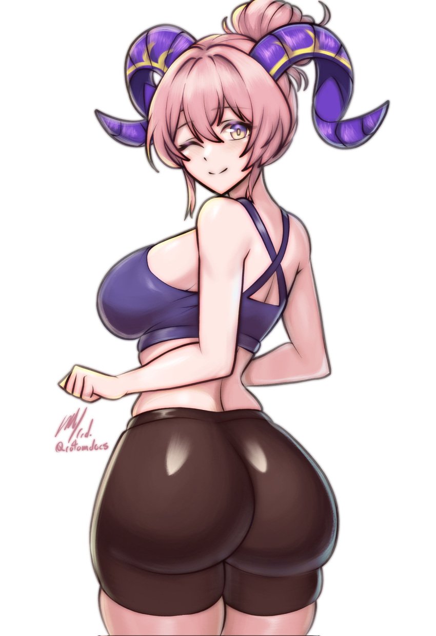 ass ass_focus bike_shorts black_shorts breasts curled_horns female fire_emblem fire_emblem_heroes goat_horns highres horns huge_ass large_breasts large_horns long_hair multicolored_hair nerthuz_(fire_emblem) one_eye_closed pink_hair ponytail purple_horns rotomdocs shorts smile solo thick_thighs thighs