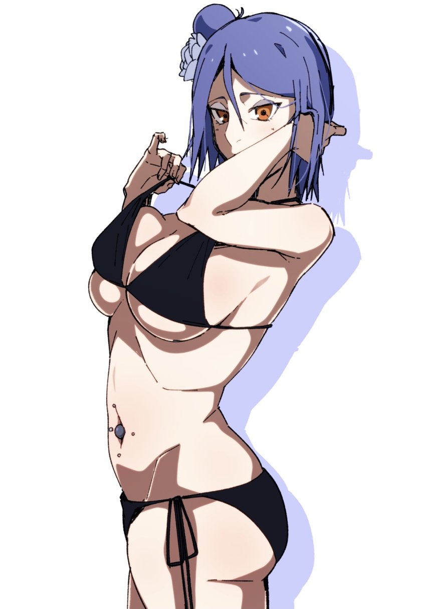 1girls adjusting_swimsuit alternate_costume bikini bikini_bottom black_bikini blue_hair breasts female flower hair_flower hair_ornament highres jewelry konan labret_piercing large_breasts looking_at_viewer monyamonya78 naruto naruto_(series) naruto_shippuden navel_piercing necklace orange_eyes piercing simple_background solo swimsuit upper_body wet_body wet_hair wet_skin white_background