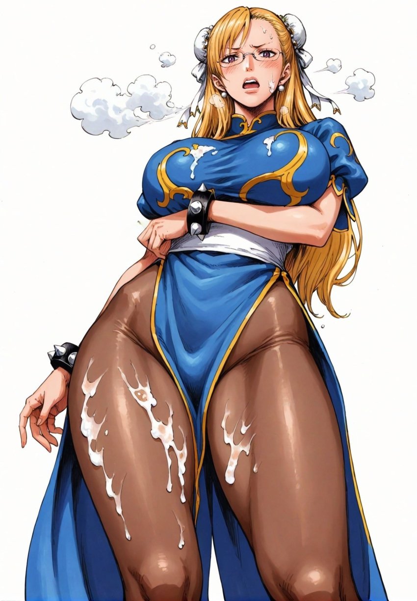 ai_generated alluring almost_naked almost_nude big_breasts blonde_hair blush breasts chun-li_(cosplay) earring earrings female female_only glasses kalifa kalifa_(one_piece) long_hair looking_at_viewer one_piece open_mouth seducing seduction seductive seductive_body seductive_eyes seductive_gaze seductive_look seductive_mouth seductive_pose shiny_hair shiny_skin steamy_breath voluptuous voluptuous_female yashin