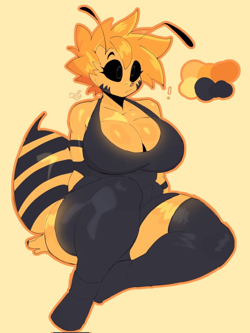 ! 2024 _kam anthro bee bee_girl black_and_orange black_eyes black_tank_top black_thighhighs cleavage cleavage_window color color_palette colored_background fit_female front_view oc outline sitting tank_top thick_thighs thighhighs