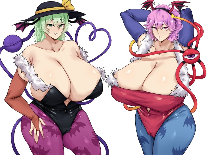 2girls big_breasts breasts cleavage clothed_female cosplay darkstalkers green_eyes green_hair hat huge_breasts koishi_komeiji light-skinned_female lilith_aensland_(cosplay) morrigan_aensland_(cosplay) omikami pink_eyes pink_hair satori_komeiji siblings sisters thick_thighs thighs third_eye touhou white_background