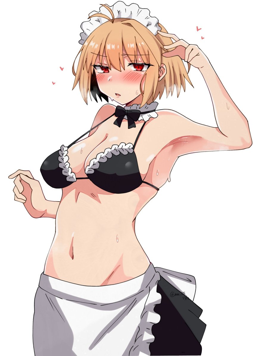 absurdres ahoge antenna_hair apron arcueid_brunestud armpits bikini black_bikini blonde_hair blush breasts cleavage female frilled_apron frilled_bikini frills highres looking_at_viewer maid maid_apron maid_bikini maid_headdress maz_515 medium_breasts navel open_mouth red_eyes short_hair simple_background skirt solo swimsuit tsukihime unconventional_maid waist_apron white_apron white_background