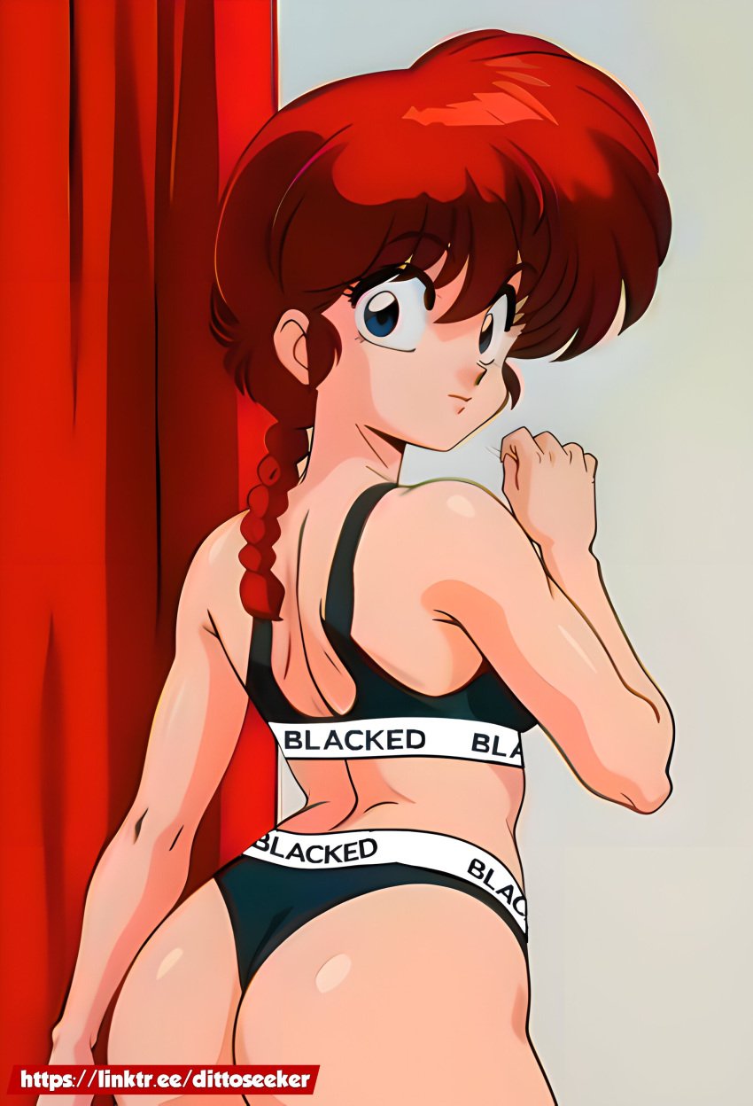 ai-created ass back bangs black_bra black_clothes black_panties black_underwear blacked_clothing blue_eyes bra braid braided_ponytail breasts brown_hair closed_mouth clothing curtain_grab curtains dittoseeker female from_behind genderswap_(mtf) grabbing high_resolution long_hair looking_at_viewer looking_back panties ponytail ranma-chan ranma_1/2 red_hair rule_63 saotome_ranma single_braid solo sports_bra standing tied_hair underwear underwear_only very_high_resolution