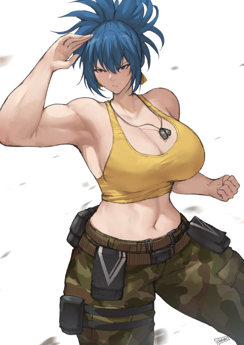 1girls alternate_breast_size bakaatako batako big_breasts blue_eyes blue_hair breasts busty clothed curvaceous curvy earrings female huge_breasts ikari_warriors king_of_fighters large_breasts leona_heidern light-skinned_female light_skin long_hair military military_clothing military_uniform pale-skinned_female pale_skin pants ponytail snk tank_top thick thick_thighs thighs tied_hair tummy voluptuous voluptuous_female white_female wide_hips