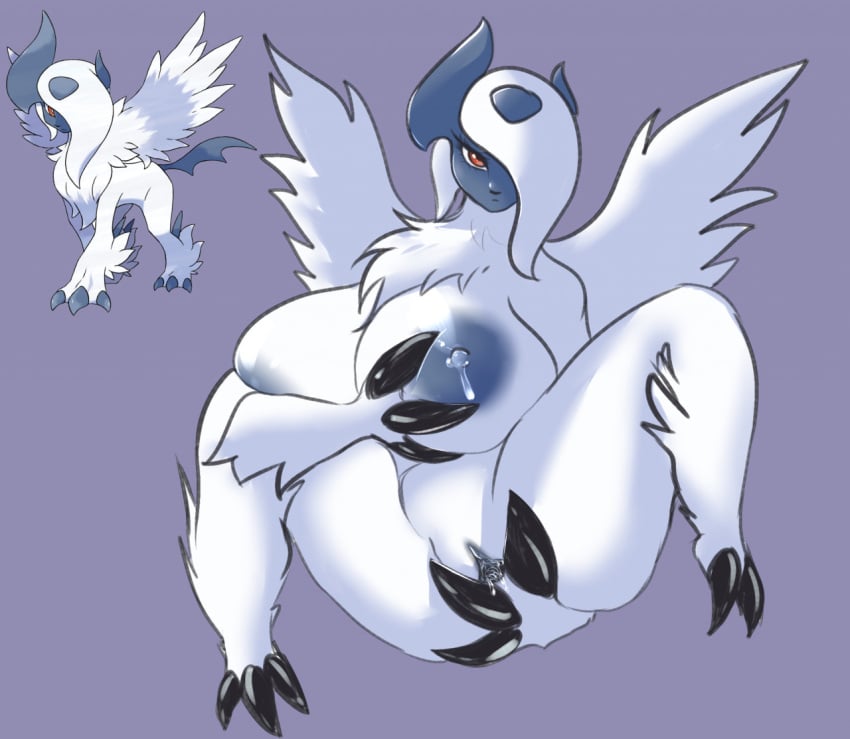 absol anthro areola big_breasts black_claws blue_areola blue_body blue_horn blue_nipples blue_pussy bodily_fluids breasts chest_tuft claws eyelashes feathered_wings feathers female fingering fur generation_6_pokemon genitals hair hair_over_eye hand_on_breast horn huge_breasts kitsu-nee lactating looking_at_viewer masturbation mega_absol mega_evolution milk nintendo nipples nude pokemon pokemon_(species) purple_background pussy red_eyes simple_background solo spread_legs spreading thick_thighs tuft white_body white_feathers white_fur white_hair wide_hips wings