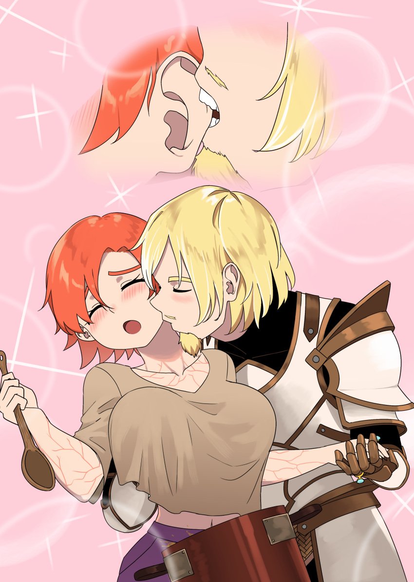 1boy 1boy1girl 1girls armor blonde_hair blush ear_bite ear_nibble fondling_breast ginger_hair goatee hand_under_clothes handholding holding jaune_arc kissing_neck ladle nora_valkyrie rwby veins wedding_ring