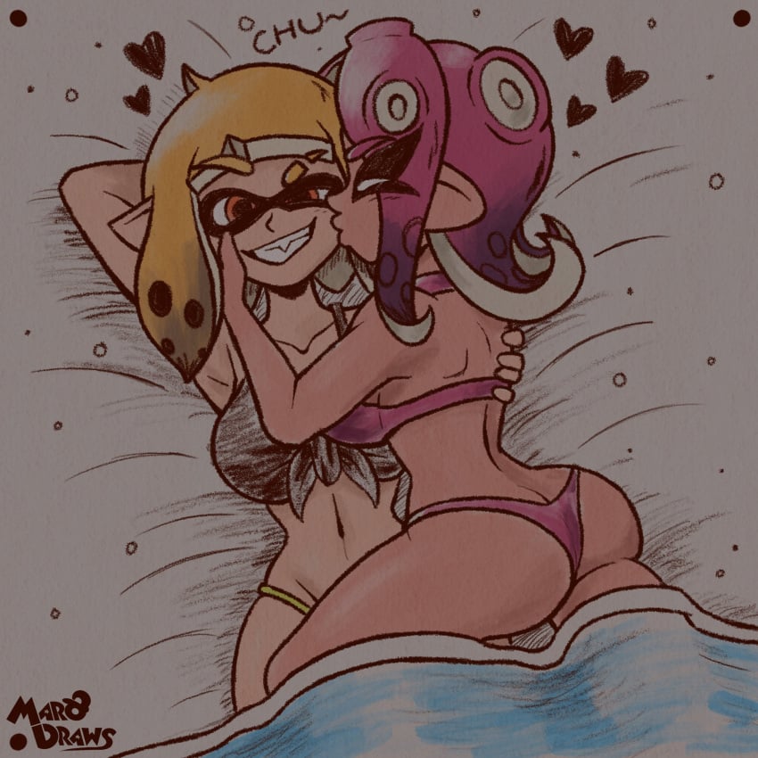 2girls agent_4_(splatoon) agent_8_(splatoon) artist_name ass bed black_bra black_sports_bra blanket bra breasts female_only green_panties inkling inkling_girl kissing_cheek looking_at_viewer marodraws multiple_girls navel nintendo octoling octoling_girl on_bed orange_eyes panties pink_bra pink_hair pink_panties short_hair splatoon splatoon_2 sports_bra tentacle tentacle_hair underwear yellow_hair yuri