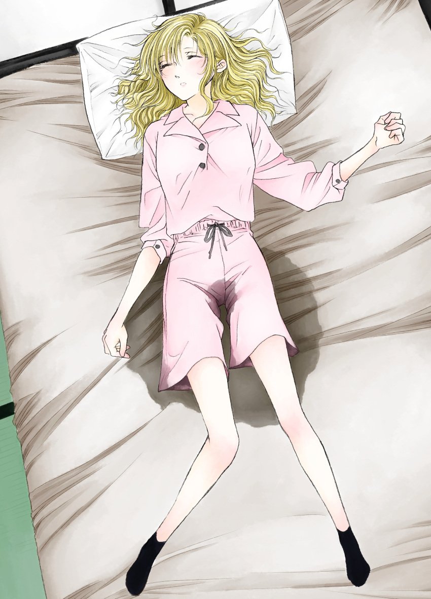 absurdres bed bed_sheet bedwetting black_socks blonde_hair closed_eyes collarbone female_focus from_above futon girl highres indoors long_hair lying mitaray omorashi on_back original pajamas pee_stain peeing peeing_self pillow pink_pajamas puddle shorts sleeping socks urine wet wet_clothes wet_shorts