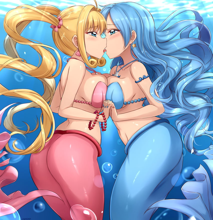 2girls absurd_res absurd_resolution big_breasts blonde_hair blue_bra blue_eyes blue_hair blue_nails bracelet breasts bubbles earrings hanon_hosho highres houshou_hanon interlocked_fingers jewelry kissing large_boobs large_breasts large_tits lesbian_kiss long_hair looking_at_another lucia_nanami mermaid mermaid_girl mermaid_melody_pichi_pichi_pitch mermaid_tail monster_girl multiple_girls nail_polish nanami_lucia navel open_mouth pearl_bracelet pendant pink_bra red_nails shell_bikini shell_earrings shell_necklace skywalker0610 star_(symbol) star_earrings tongue tongue_kiss twintails underwater very_high_resolution very_long_hair yuri