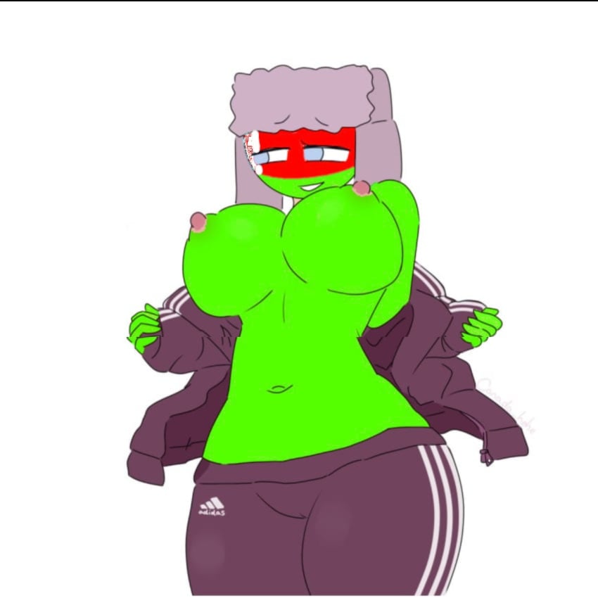 1girls adidas belarus_(countryhumans) belly_button big_boobs big_breasts breasts breasts_out cameltoe dark_clothing edit erect_nipples exposed_breasts female_focus female_only green_body green_skin half_clothed human image lime_body looking_away lowres midriff nipples no_shirt pants recolor red_face removing_clothing shy ushanka xx.canada.xx