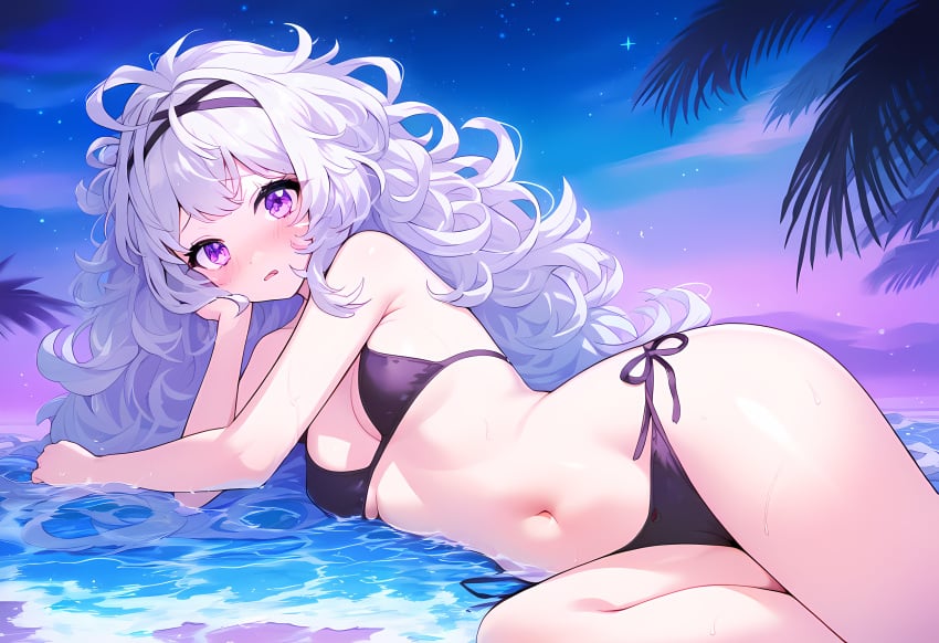 1girls ai_generated arm_support barely_clothed beach big_hair big_hips bikini black_bikini black_clothing blush blushing_at_viewer clothed clothing color cute embarrassed embarrassed_female facing_viewer feet_out_of_frame female female_focus female_only fit_female front_view girly hair_ornament hand_on_face hand_on_head hi_res highres in_water izacru0 long_hair looking_at_viewer lying lying_on_side messy_hair narrow_waist navel night night_sky on_floor on_ground on_side open_mouth original original_character outdoors palm_tree partially_clothed partially_submerged public purple_eyes sea seaside shiny_skin side-tie_bikini silver_hair small_breasts solo solo_female solo_focus star stomach sweat thin_waist very_high_resolution water wavy_hair white_hair wide_hips