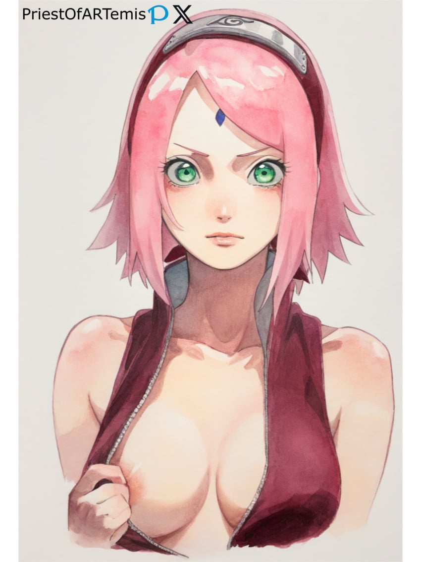 1girls ai_generated areola_slip female female_only medium_breasts naruto naruto_(series) naruto_shippuden open_clothes pink_hair priestofart sakura_haruno short_hair simple_background solo solo_female solo_focus tagme tagme_(artist) tagme_(character) upper_body white_skin