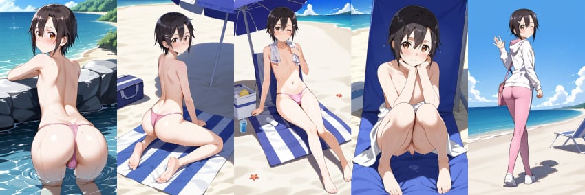 ai_generated beach beach_background beach_umbrella black_hair cute femboy flaccid hoodie kirigaya_kazuto kirito kirito_(sao-ggo) leggings looking_at_viewer male_only multiple_images multiple_poses panties petite petite_body petite_femboy petite_male pink_panties pretty_boy short_hair shy small_bulge small_penis smile smiling smiling_at_viewer story stripped_naked surprised sword_art_online trap water wet zoner_check