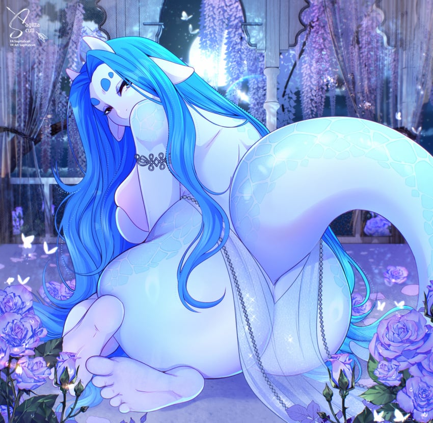 ass ass_focus big_breasts big_butt blue_eyes blue_hair breast_press chubby chubby_anthro chubby_female dragon dragon_girl feet female female_only fur furry furry_only horns jewelry long_hair sagittascuti scales scuti_lobelia(sagittascuti) seductive seductive_eyes seductive_look transparent_clothing white_body white_skin