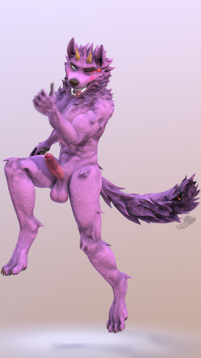 2018 3d athletic balls canine erection fur humanoid_penis kreic looking_at_viewer male male_only mammal muscular muscular_male penis purple_balls purple_fur smile solo tongue uncut wolf