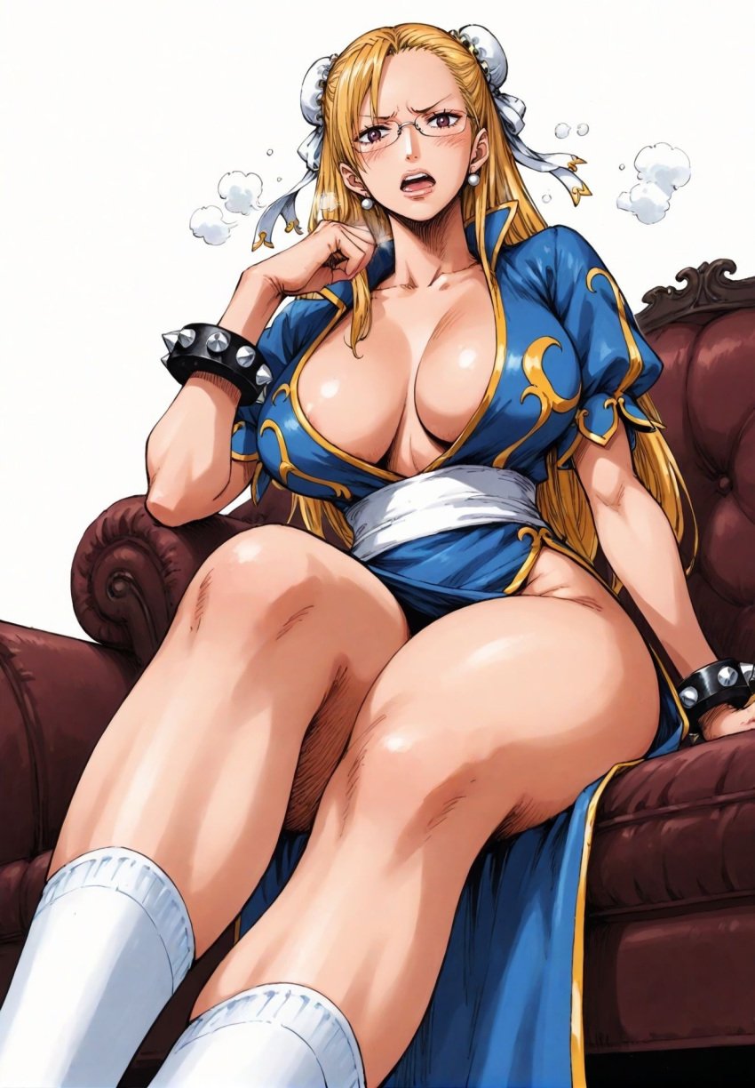 ai_generated alluring almost_naked almost_nude big_breasts blonde_hair blush breasts chun-li_(cosplay) earring earrings female female_only glasses kalifa kalifa_(one_piece) long_hair looking_at_viewer one_piece open_mouth seducing seduction seductive seductive_body seductive_eyes seductive_gaze seductive_look seductive_mouth seductive_pose shiny_hair shiny_skin steamy_breath voluptuous voluptuous_female yashin