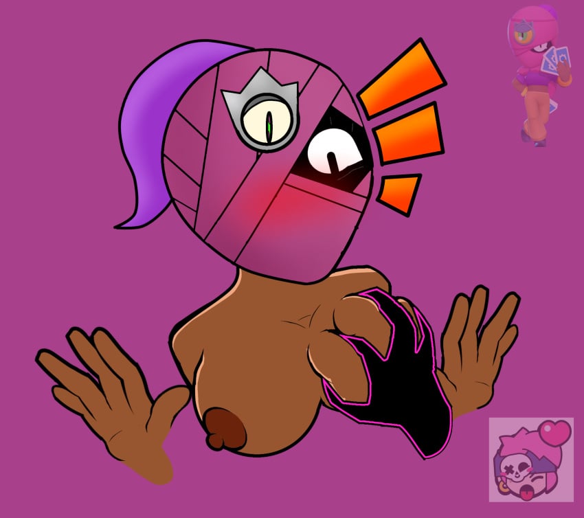 bad_drawing blush blushed blushing brawl_stars breast_grab breast_squeeze breasts breasts_out covered_face grope grope_breast groping groping_breasts hands_up holding_breast naked purple_background self_upload shocked supercell surprised tara_(brawl_stars) tits touching_breast