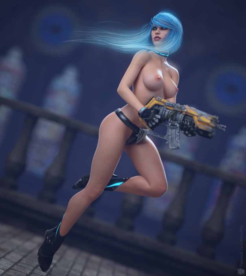 3d blue_hair female gun human missally nyx_(quake_champions) quake quake_champions topless video_games