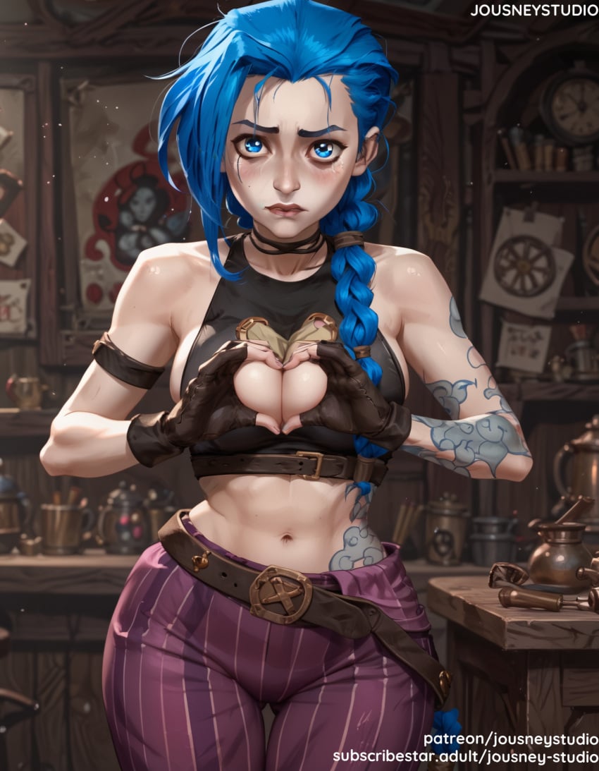 ai_generated arcane arcane_jinx arm_tattoo bangs bare_shoulders belt black_choker black_gloves blue_eyes blue_hair blush braid breasts choker clavicle cleavage closed_mouth clothing crop_top earrings female female_only fingerless_gloves freckles gloves heart heart_hands holding indoors jewelry jinx_(league_of_legends) jousneystudio large_breasts league_of_legends lips long_hair looking_at_viewer makeup medium_breasts midriff navel pants parted_lips ponytail shirt shoulder_tattoo smile solo standing stomach striped tattoo thigh_gap thighs tied_hair twin_braids