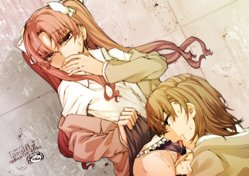 2girls absurdres blush bow brown_eyes brown_hair censored clothes_lift clothing_aside collared_shirt cunnilingus dated dress_shirt fingering hair_ornament hair_ribbon hand_to_own_mouth higashizukihi_sei highres jacket lace-trimmed_panties lace_trim long_hair long_sleeves lying medium_hair misaka_mikoto mosaic_censoring multiple_girls off-shoulder_jacket off_shoulder on_back open_clothes oral panties panties_aside pussy_juice ribbon school_uniform shirai_kuroko shirt sidelocks signature skirt skirt_lift sweat tears toaru_kagaku_no_railgun toaru_majutsu_no_index tokiwadai_school_uniform twintails two_side_up underwear very_long_hair white_shirt yuri