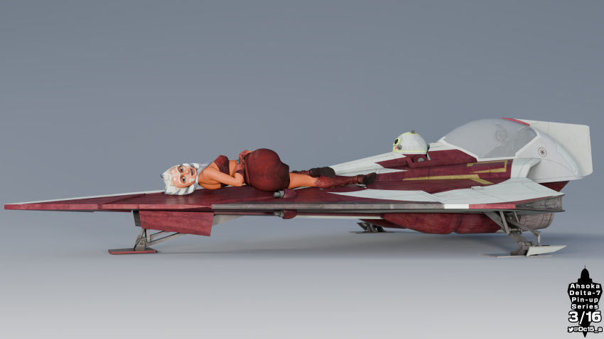 ahsoka_tano alien astromech_droid boots clone_wars dc15-a female female_only gloves jedi jedi_padawan laying_down looking_at_viewer orange_body orange_skin pinup pinup_(style) pinup_pose pinupgirl simple_background skirt solo_female spaceship star_wars togruta tubetop