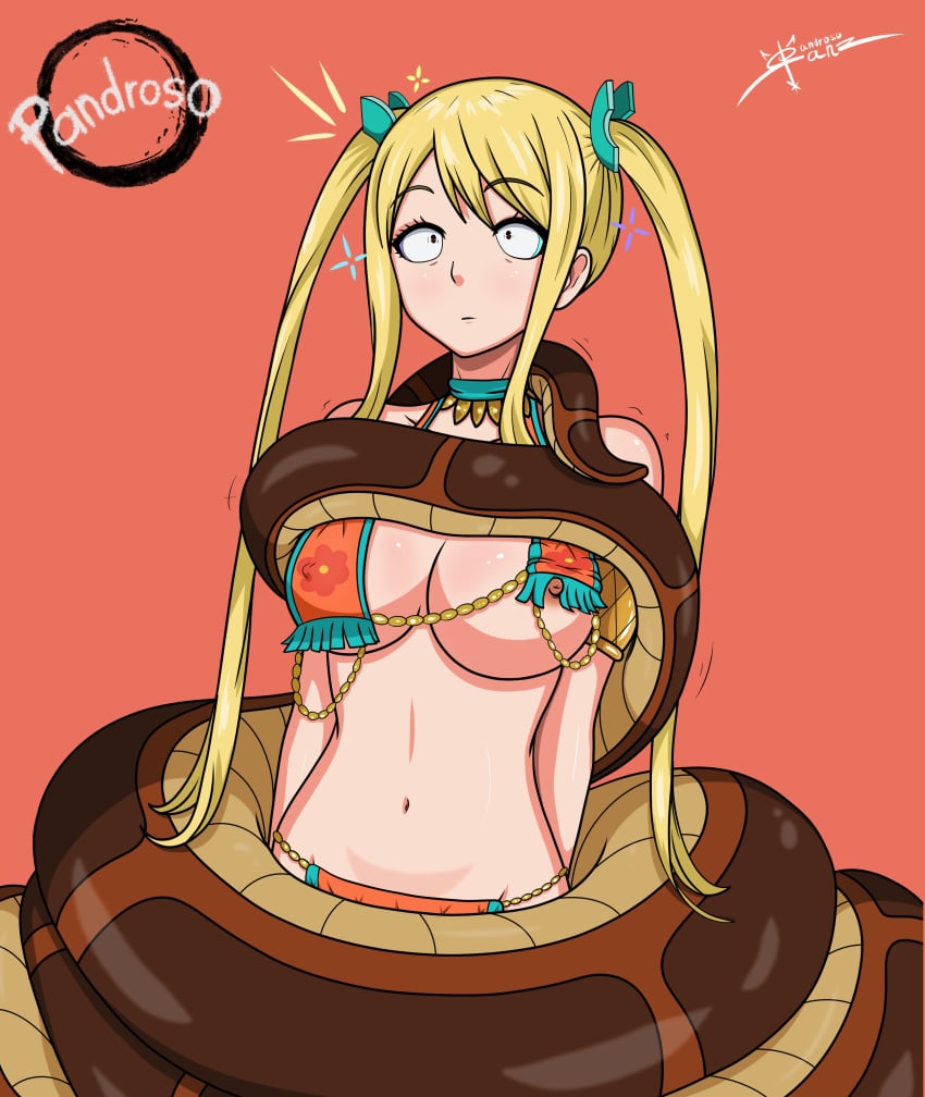 awake belly_dancer blonde_hair breasts coiling coils dancer dancer_outfit fairy_tail femsub harem_outfit hypnosis kaa large_breasts long_hair lucy_heartfilia maledom midriff nipples pandroso snake surprised the_jungle_book trance_break twintails undressing undressing_another