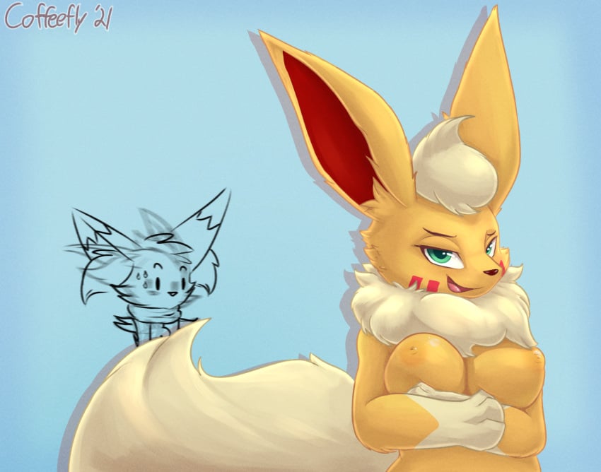 2021 anthro braixen breasts cafe_(coffeefly) clothing coffeefly duo eeveelution female flareon generation_1_pokemon generation_6_pokemon green_eyes hi_res holding_breast nintendo nipple_outline nipples open_mouth pokemon pokemon_(species) scarf shiny_pokemon simple_background topwear vest