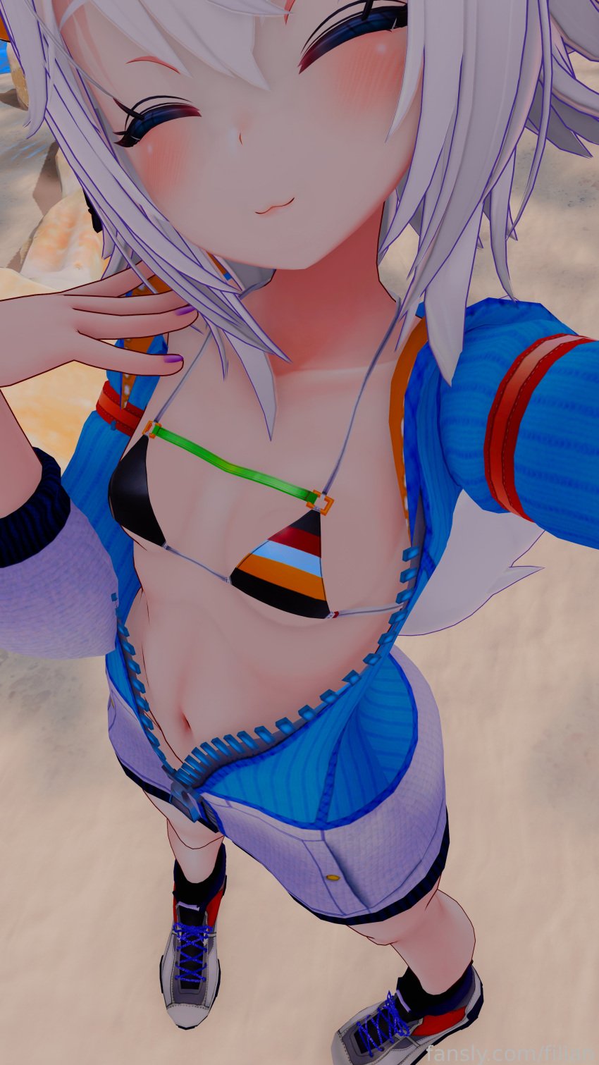 3d belly belly_button bikini bikini_top boots closed_eyes cute fansly female female_focus female_only filian filian_(vtuber) indie_virtual_youtuber jacket open_clothes posing selfie small_boobs small_breasts streamer tagme virtual_youtuber vrchat vtuber white_hair