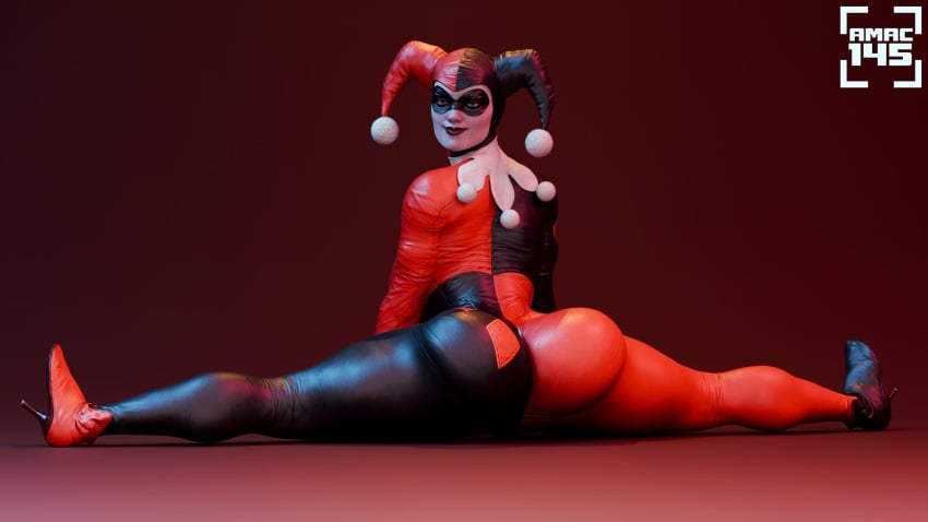 3d absurd_res amac145 ass_focus dc_comics harley_quinn_(classic) harley_quinn_(injustice) looking_at_viewer pinup rigid3d self_upload splits