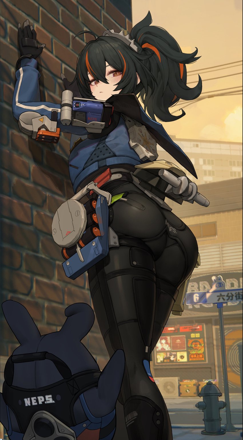 1girls against_wall ass ass_focus black_gloves black_hair black_pants female female_only fox_romana hoyoverse looking_at_viewer looking_back mihoyo pants red_eyes sexy_ass shiny shiny_clothes thick_ass thick_thighs thighs zenless_zone_zero zhu_yuan