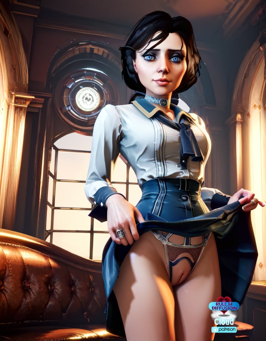 ai_generated athletic athletic_female bioshock bioshock_infinite blue_eyes brown_hair busty elizabeth_comstock female female_focus female_only hourglass_figure pinup pinup_pose rule34_diffusion(artist) tagme wide_hips