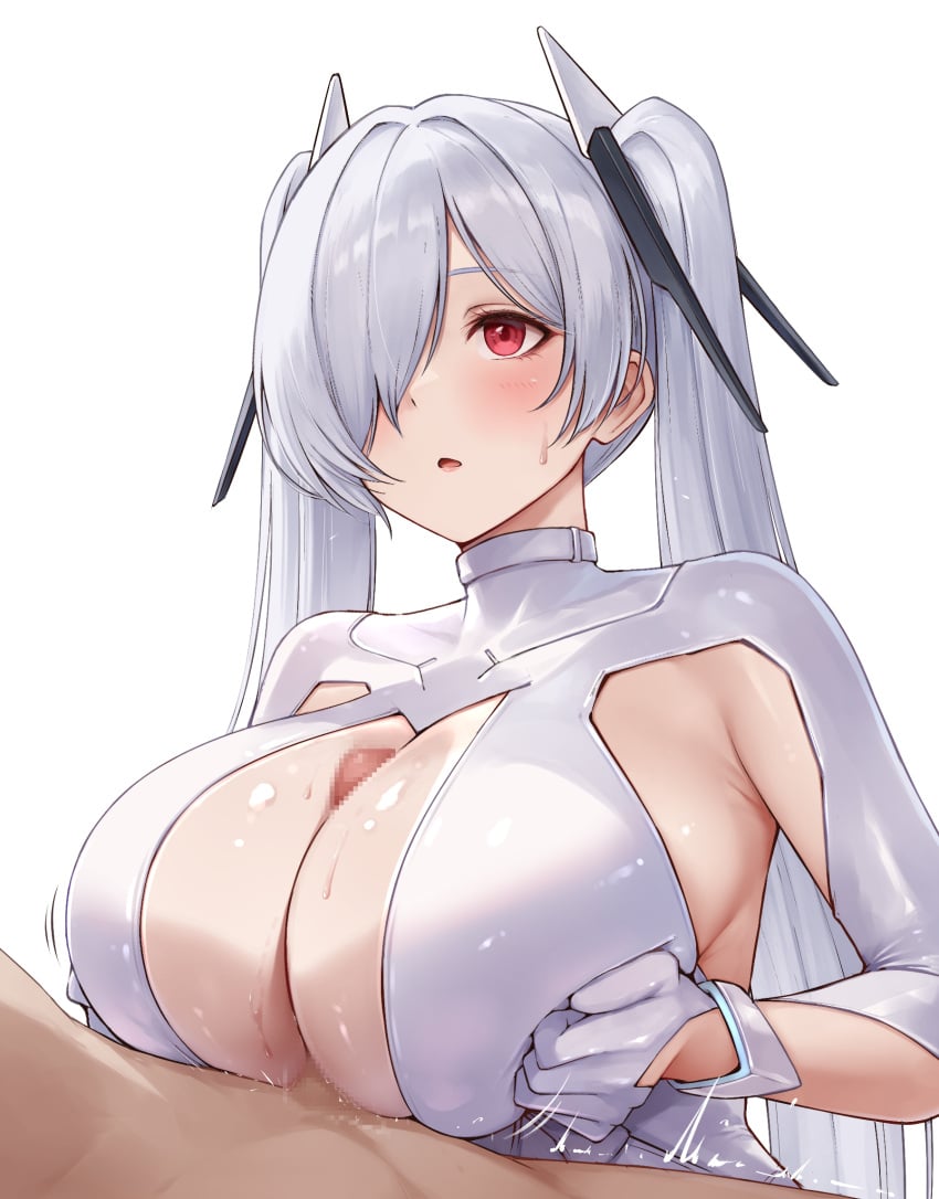 1boy 1girls armpit_cutout bodysuit breasts censored cinderella_(nikke) clothed_female_nude_male clothing_cutout commentary_request female goddess_of_victory:_nikke grey_hair hair_over_one_eye highres huge_breasts long_hair looking_ahead mosaic_censoring open_mouth paizuri penis red_eyes simple_background straight sweat twintails warubo white_background white_bodysuit