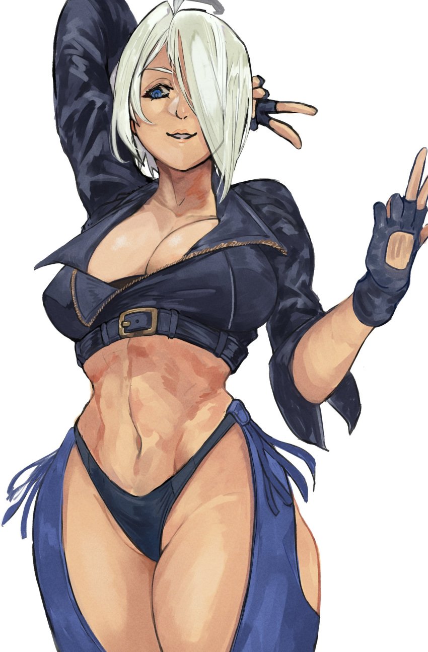 1girls angel_(kof) artist_request big_breasts blue_eyes bra busty female gloves huge_breasts jacket king_of_fighters leather legwear light-skinned_female light_skin one_eye_obstructed peace_sign short_hair smile smiley_face source_request standing thick_thighs thighs thong toned_body voluptuous voluptuous_female white_hair white_skin