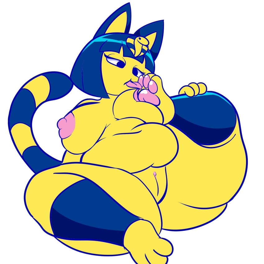 1:1 2024 animal_crossing ankha ankha_(animal_crossing) anthro areola belly big_breasts big_nipples blue_ears blue_hair breasts clitoris digital_drawing_(artwork) digital_media_(artwork) domestic_cat feet felid feline felis female female_anthro fingers foot_fetish foot_lick foot_play front_view genitals glistening glistening_hair hair hi_res licking mammal markings narrowed_eyes nintendo nipples nude nude_anthro nude_female overweight overweight_female pawpads pink_areola pink_nipples pink_pawpads pink_tongue portrait pussy self_lick simple_background solo squeezysquisher striped_markings striped_tail stripes tail tail_markings toes tongue unfinished uraeus white_background yellow_body yellow_face yellow_inner_ear yellow_pussy