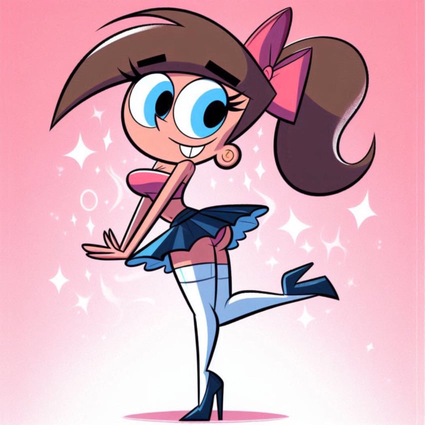 ai_generated heels high miniskirt mtf_transformation nickelodeon nicktoons pink_panties ponytail rule_63 stockings the_fairly_oddparents timantha timmy_turner