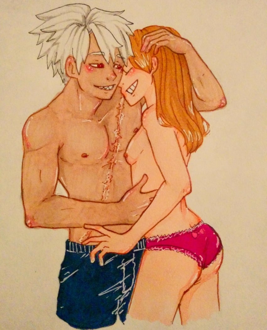 1boy 1boy1girl 1girls arms_around_partner blonde_hair blush boxers breasts closed_eyes color frisky_fan_art grin half-closed_eyes hand_on_another&#039;s_head lighting long_hair looking_at_partner maka_albarn nipples panties panties_only pink_panties red_eyes romantic romantic_couple scar scar_on_chest scar_on_stomach sharp_teeth shirtless sideass small_breasts soul_eater soul_eater_evans standing straight tan_background toned toned_male topless underwear underwear_only white_hair wholesome