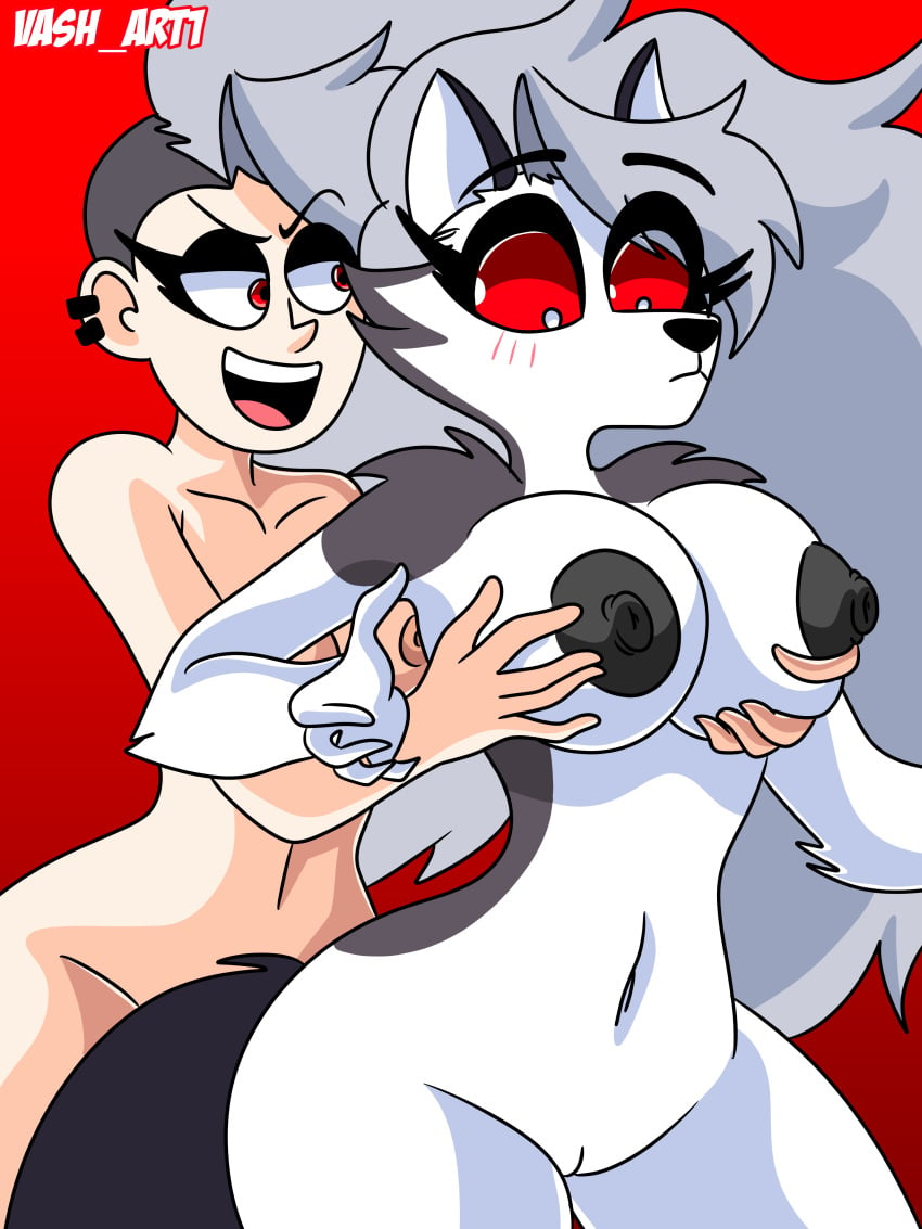 absurd_res anthro big_breasts blush breast_fondling breast_grab breast_play breasts canid canid_demon canine canis cleavage clothed clothing demon dual_persona duo ear_piercing ear_ring female female/female fondling genitals grabbing grey_hair hair hand_on_breast hellhound helluva_boss hi_res human human_loona_(vivzmind) loona_(helluva_boss) mammal mythological_canine mythological_creature mythology navel nipples nude piercing pussy red_eyes ring_piercing selfcest square_crossover teasing vash_art wide_hips wolf