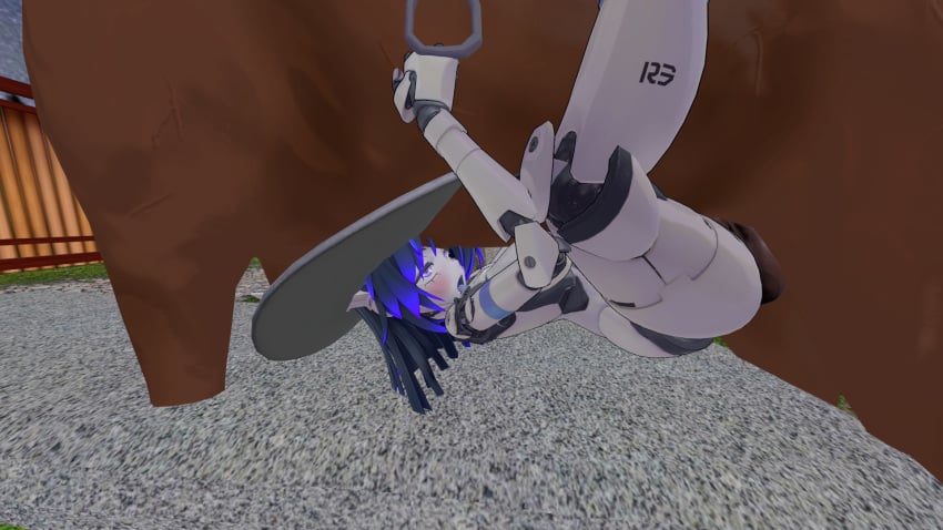 ahe_gao blue_hair cowboy_hat female horse horsecock mating_press penetration robot_girl robot_joints robot_pussy runa runa_(vrchat) zoophilia