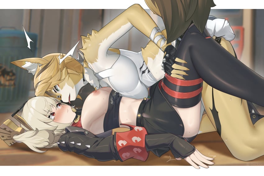 2girls absurdres after_kiss animal_ears black_skirt black_thighhighs blonde_hair blush breasts breasts_out burnice_white bwcloud commentary crop_top feet_out_of_frame french_kiss furry furry_female furry_with_non-furry hand_on_another's_thigh high-waist_skirt highres interspecies kissing large_breasts lying mask midriff miniskirt multiple_girls nipples on_back pulchra_(zenless_zone_zero) red_eyes saliva saliva_trail short_hair skirt strapless sweat tank_top thighhighs thighs tongue tongue_out tube_top variant_set white_tank_top yuri zenless_zone_zero