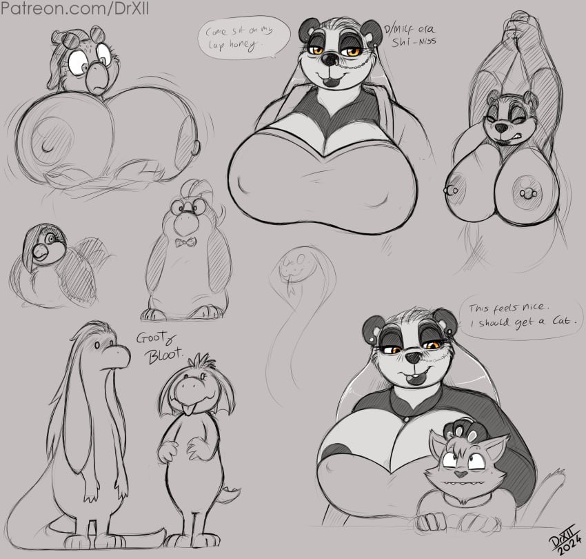 anthro avian beak bear big_breasts bird breasts chain_piercing chicken digital_media_(artwork) domestic_cat drxii duo ear_piercing facial_piercing felid feline felis female frieda_locke fur galliform gallus_(genus) giant_panda gynomorph hair hi_res huge_breasts intersex kobold male mammal mature_anthro mature_female nipple_piercing nipples nose_piercing nude oscine passerine penguin phasianid piercing robin_(bird) rose_t_chicken scalie shaw_(shaw) shi-niss simple_background solo tail tryst_(drxii)