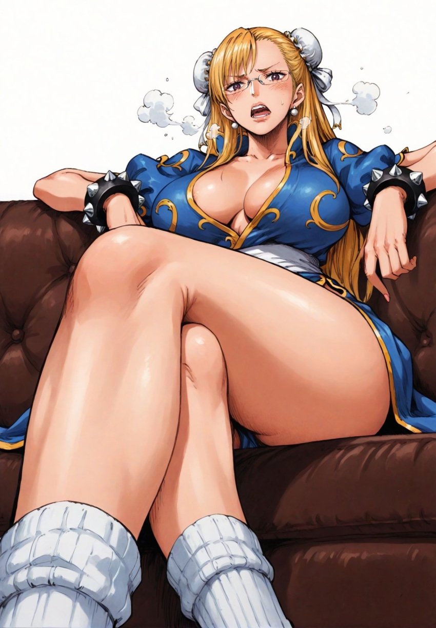 ai_generated alluring almost_naked almost_nude big_breasts blonde_hair blush breasts chun-li_(cosplay) earring earrings female female_only glasses kalifa kalifa_(one_piece) long_hair looking_at_viewer one_piece open_mouth seducing seduction seductive seductive_body seductive_eyes seductive_gaze seductive_look seductive_mouth seductive_pose shiny_hair shiny_skin steamy_breath voluptuous voluptuous_female yashin