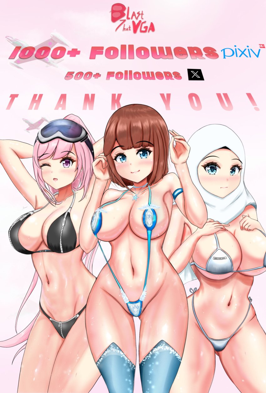 3girls arabian bikini blas7hatvga blue_eyes brown_hair eimi_(swimsuit)_(blue_archive) exhibitionism hijab micro_bikini multiple_girls original original_character