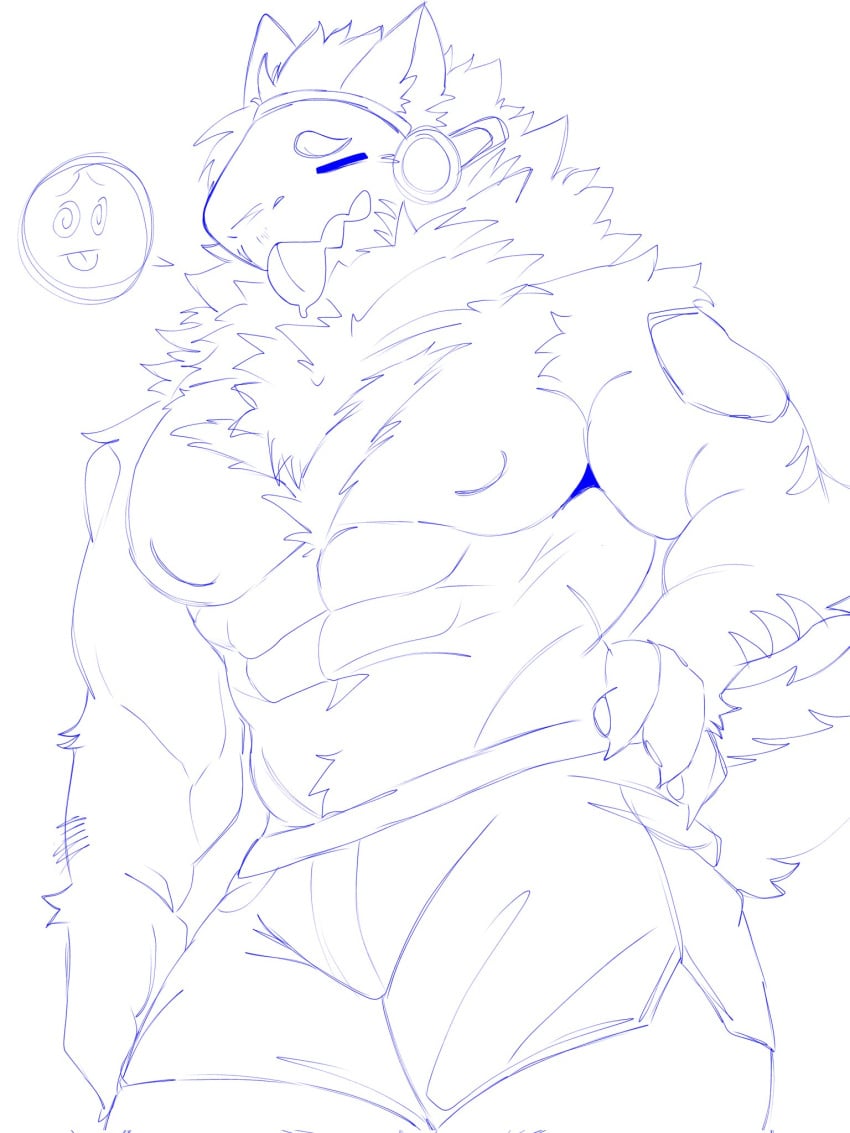 2024 abs anthro body_focus exhausted exhausted_male front_view fur furry furry_male gay kamidraws male male_only muscular muscular_male neck_fluff not_colored protogen protogen_face protogen_visor shorts shorts_only solo solo_focus solo_male tall_male text_bubble tired tired_expression tired_look white_background