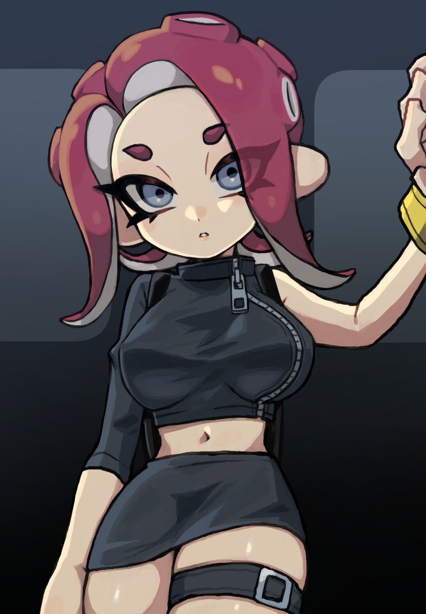 agent_8_(splatoon) big_breasts clothed clothing crop_top female_only fully_clothed ikachan_pochan looking_at_viewer midriff miniskirt pencil_skirt solo solo_female splatoon splatoon_2 splatoon_2:_octo_expansion thigh_strap wide_hips