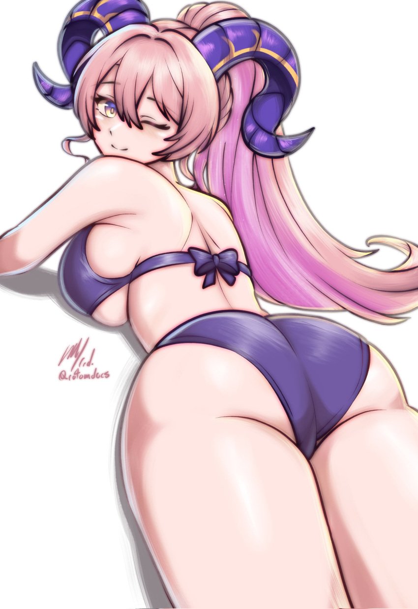 ;) alternate_costume ass bikini breasts closed_mouth female fire_emblem fire_emblem_heroes from_behind goat_horns gradient_eyes hair_between_eyes high_ponytail highres horns large_breasts large_horns long_hair looking_at_viewer looking_back lying multicolored_eyes nerthuz_(fire_emblem) on_stomach one_eye_closed pink_hair ponytail purple_bikini purple_eyes purple_horns rotomdocs sideboob signature skindentation smile solo swimsuit twitter_username underboob white_background yellow_eyes