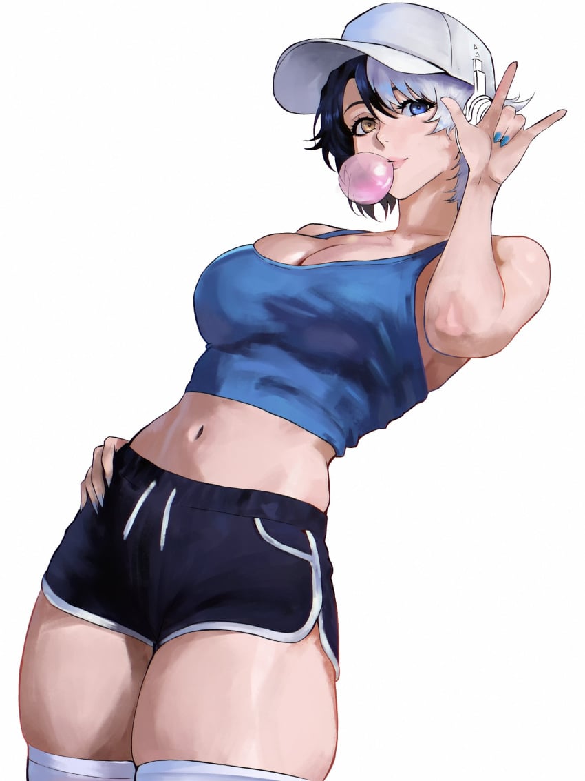 1girls baseball_cap big_breasts bubble_gum cap casual cleavage clothed exercise_clothing female female_only gym_clothes gym_uniform headphones insomniaboin luna_snow luna_snow_(marvel_rivals) marvel marvel_rivals midriff navel no_nudity thick_thighs