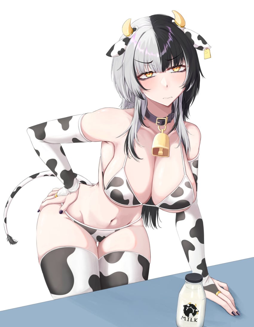 arm_support bell bikini black_hair blush bovine breasts cleavage collar cow_print detached_sleeves fake_animal_ears fake_tail frown hololive hololive_english hololive_english_-advent- large_breasts long_hair looking_back milk milk_bottle multicolored_hair navel shiori_novella table thighhighs white_hair wide_hips yellow_eyes