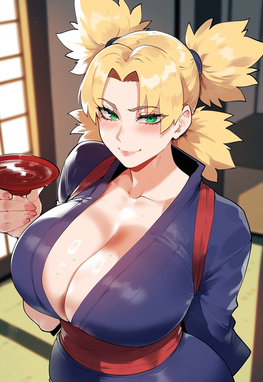 ai_generated armpits blonde_hair blush boruto:_naruto_next_generations breasts dark-skinned_male female green_eyes huge_breasts juuicyai massive_ass massive_breasts naruto naruto_shippuden sweat temari thicc_thighs